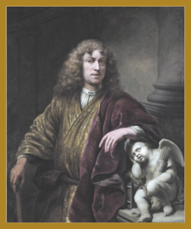 Pintura de um homem de cabelos longos e encaracolados usando um roupão amarrado na cintura e parte de um blazer apenas em um dos braços. Ele está se apoiando em uma bengala, e com o outro braço se apoia em uma escultura de anjo.