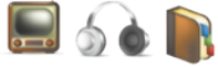 Ícones de rádio, fone de ouvido e livro.