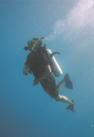 Fotografia de uma pessoa usando equipamento de mergulho no fundo do mar. O equipamento consiste em nadadeiras nos pés, máscara no rosto, regulador na boca, e um cilindro de ar preso às costas. A pessoa está nadando para a superfície, e soltando várias bolhas de ar.