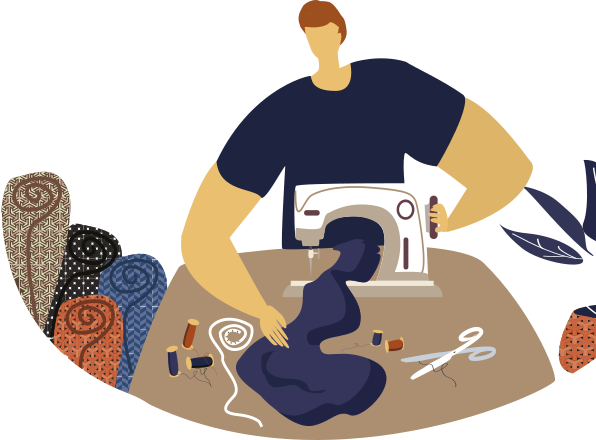 Ilustração de uma pessoa costurando uma peça de roupa usando uma máquina de costura. Há tesouras, linhas e tecido em volta.