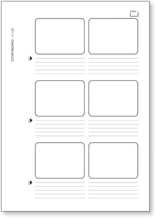 Imagem representando um modelo de 'storyboard'. A imagem representa uma folha de papel com 6 boxes distribuídos em 2 colunas e 3 linhas. Abaixo de cada box, há 5 linhas para preencher com texto.