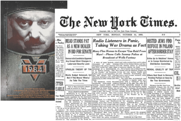 Imagem contendo a capa do livro 1984 e uma página do jornal New York Times.