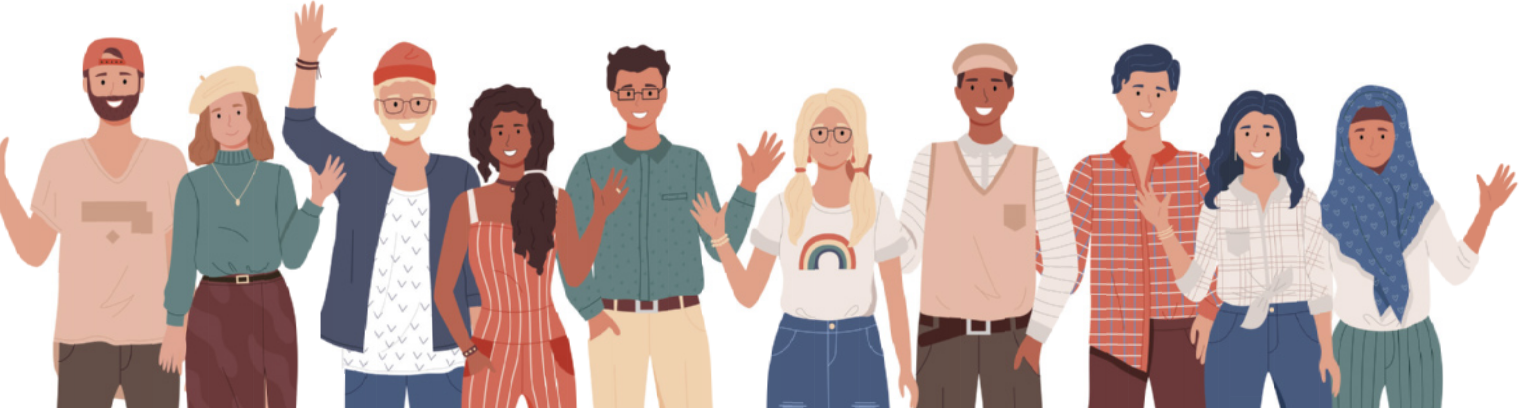 Ilustração contendo pessoas diversas, uma ao lado da outra.