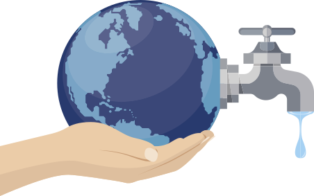 Ilustração da mão de uma pessoa segurando o planeta Terra. Na lateral da Terra, há uma torneira gotejando água.