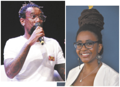 Imagem contendo as fotografias de Fábio Kabral e Nnedi Okorafor. Fábio é negro, usa barba, cabelos presos, óculos de grau e camiseta. Ele está falando a um microfone. Nnedi é negra, tem os cabelos presos em um coque alto, está usando óculos de grau, brincos e um blazer. Ela está sorrindo para a fotografia.