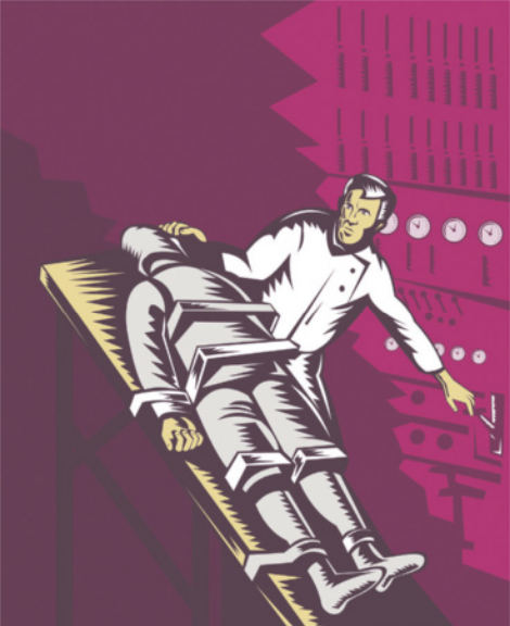 Ilustração de um homem e uma figura enrolada em tecido e deitada sob uma maca. O homem está usando um jaleco branco, e retirando parte do tecido do rosto da figura. A figura está deitada, presa na maca por amarras em diversas partes do corpo.