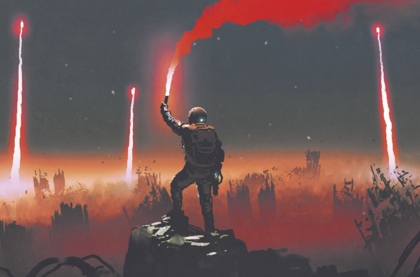 Ilustração de uma pessoa usando trajes espaciais, carregando uma arma, e segurando um sinalizador, que emite luz e fumaça. A pessoa está no alto de um morro, e há outros sinalizadores sendo disparados ao fundo. O cenário é de destruição.