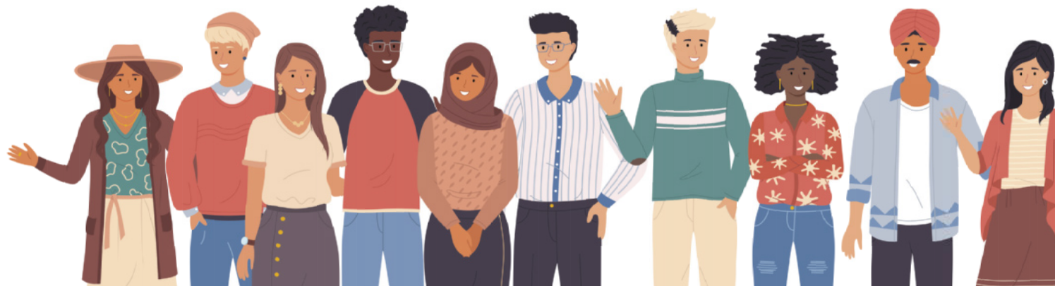 Ilustração contendo pessoas diversas acenando.