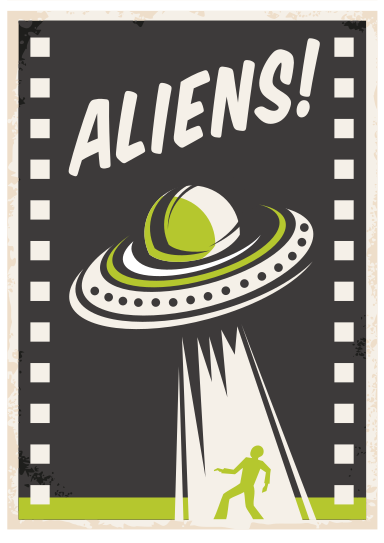 Ilustração de um pôster de filme de ficção científica contendo o título 'Aliens' e a ilustração de uma nave abduzindo uma pessoa.