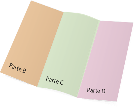 Ilustração da parte externa de um 'folder', contendo uma folha de papel dobrada em duas partes, gerando três partes: B, C e D.
