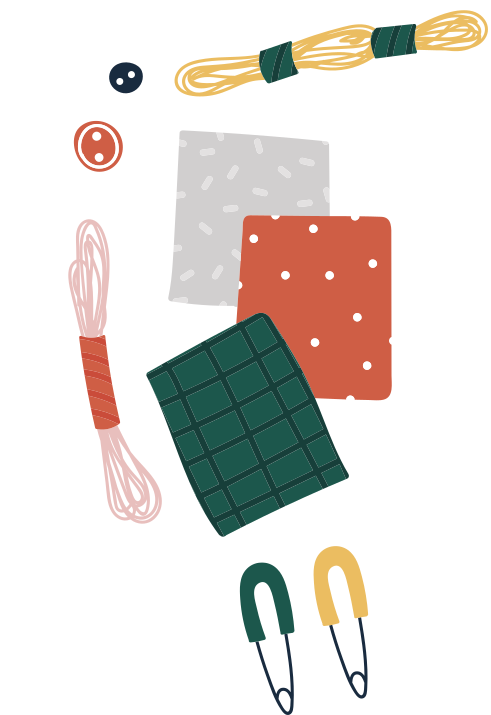 Ilustração contendo pedaços de tecidos estampados, linhas, botões e alfinetes.
