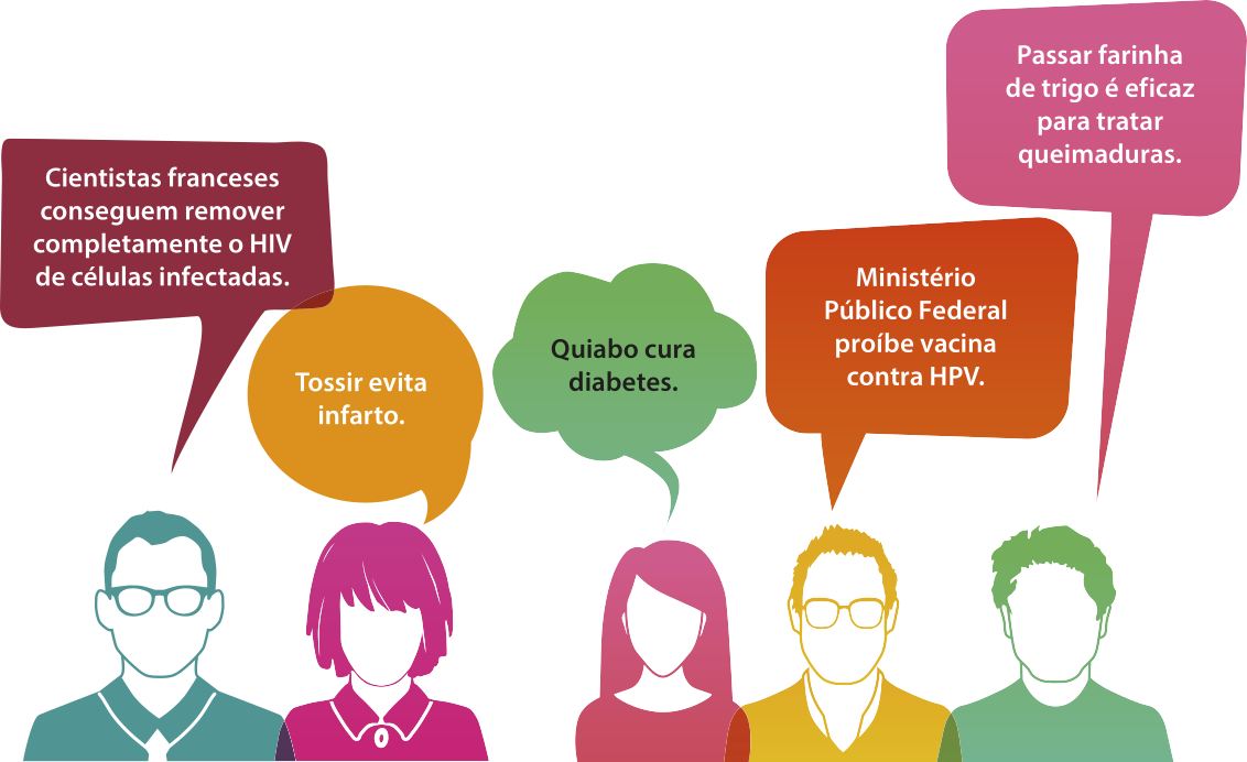 Ilustração representando várias pessoas com balões de fala contendo as seguintes informações: 'Cientistas franceses conseguem remover completamente o HIV de células infectadas'; 'Tossir evita infarto'; 'Quiabo cura diabetes'; 'Ministério Público Federal proíbe vacina contra HPV'; 'Passar farinha de trigo é eficaz para tratar queimaduras'.