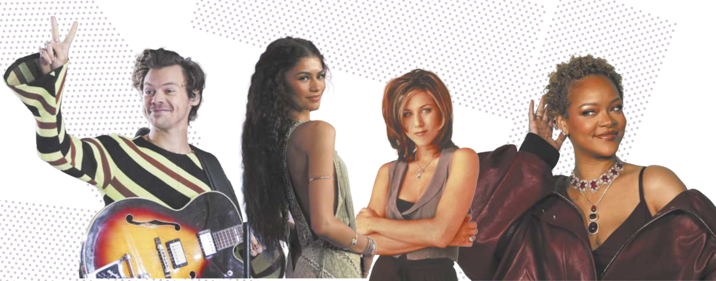 Imagem contendo fotos de Harry Styles, Zendaya, Jennifer Anniston e Rihanna. Harry Styles está usando uma camiseta listrada com manga larga e fazendo o símbolo de paz e amor com os dedos. Zendaya está posando com um vestido e os cabelos longos e soltos. Jennifer Aniston está usando uma regata e um corte de cabelo repicado na altura dos ombros. Rihanna está usando o cabelo bem curto, uma jaqueta larga sobre uma regata, e um colar de pedras.