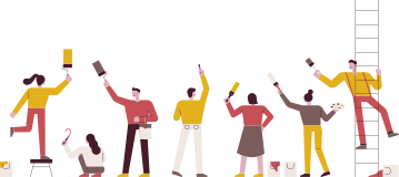 Ilustração de diversas pessoas pintando uma parede. As pessoas seguram pincéis e há latas de tinta espalhadas. Uma das pessoas está sobre um banquinho, e outra está em cima de uma escada.