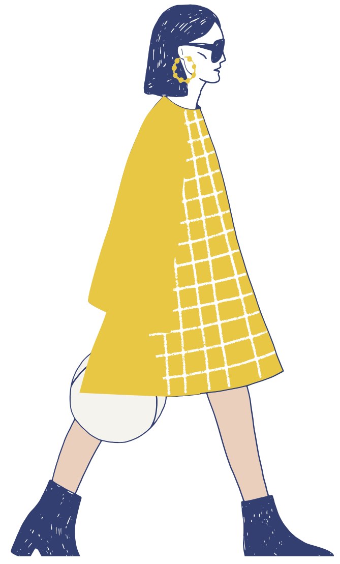 Ilustração de uma mulher usando um vestido largo até os joelhos, botas, óculos escuros, brincos, e segurando uma bolsa.