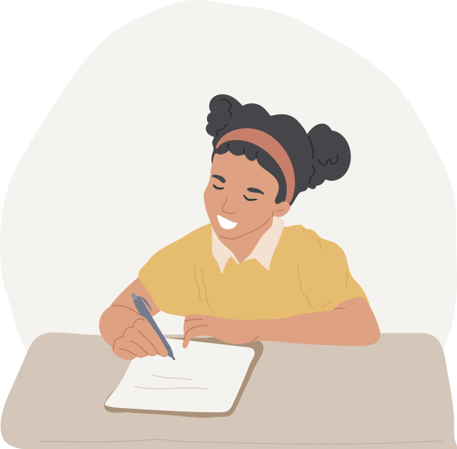 Ilustração de uma menina sorrindo e escrevendo em uma folha de papel em cima da carteira.