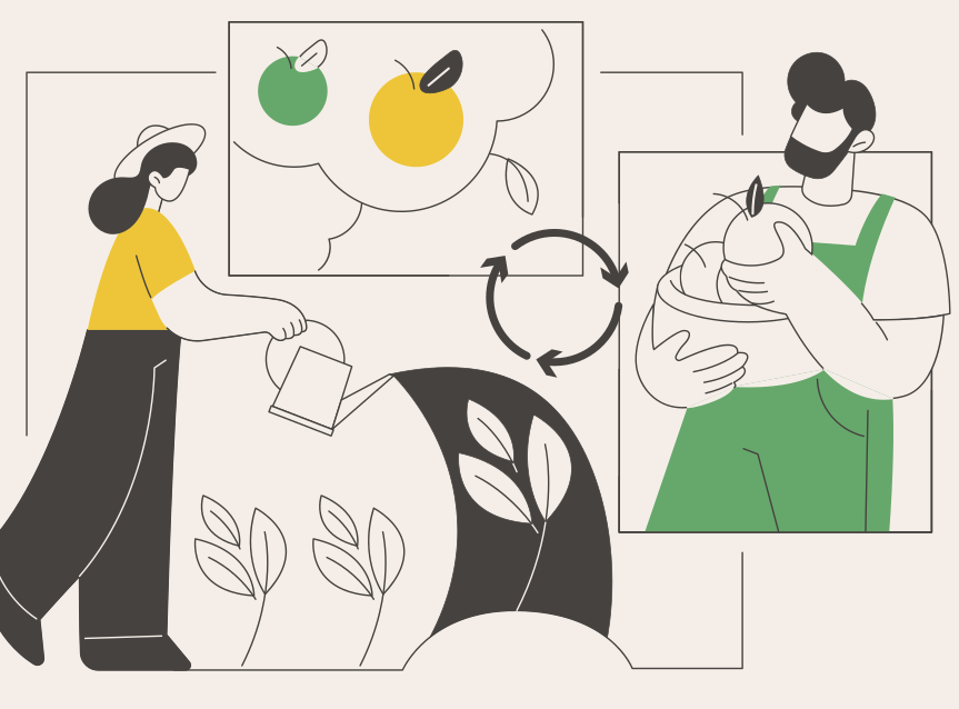 Ilustração de uma mulher regando plantas em crescimento, um homem segurando uma cesta com frutas e setas circulares indicando um ciclo entre o cultivo e a colheita. Há também uma representação de frutas em uma árvore em destaque no centro da imagem.