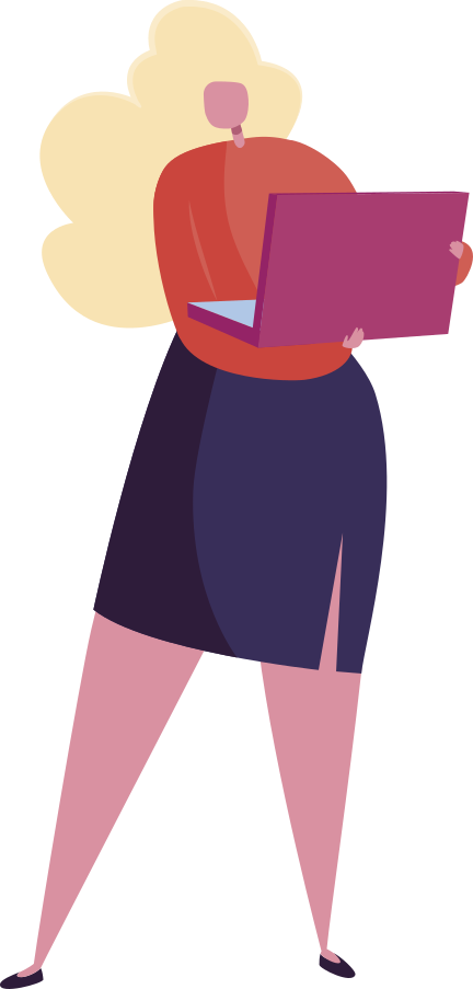 Ilustração de uma mulher de pé segurando um notebook aberto.
