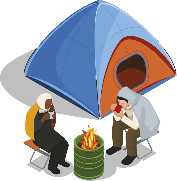 Ilustração de um homem e uma mulher sentados em cadeiras de acampamento, em frente a uma fogueira acesa dentro de um tambor metálico. Ambos estão se aquecendo e tomando uma bebida quente. A mulher veste roupas longas e usa um véu islâmico que cobre a cabeça. O homem veste calça e moletom com capuz e cobre parte da cabeça com um cobertor.
