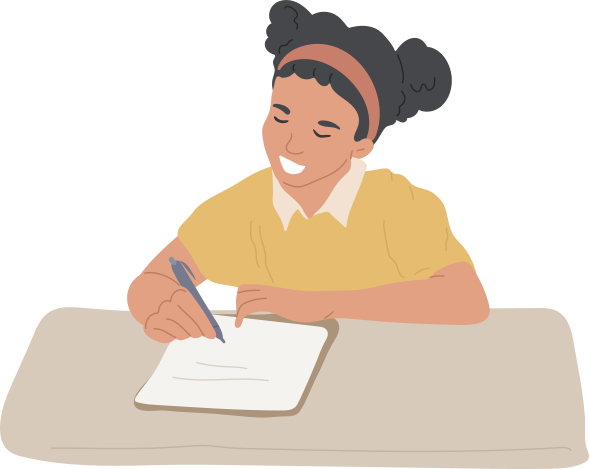 Ilustração de uma menina sentada à mesa, escrevendo em uma folha de papel.