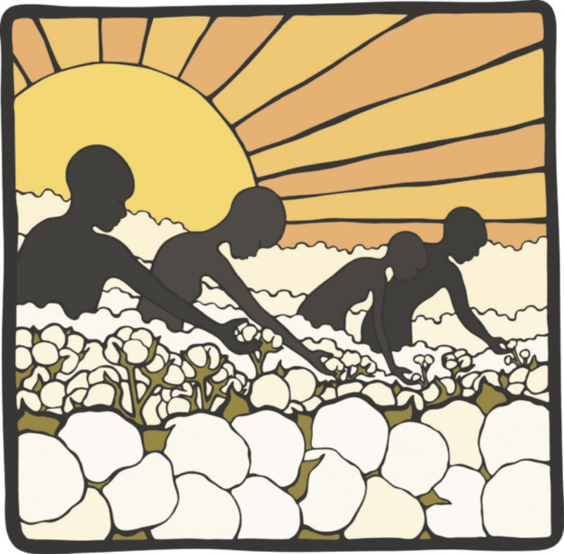 Ilustração de quatro pessoas negras colhendo algodão com as mãos, com os corpos curvados, sob um enorme sol nascente ao fundo.