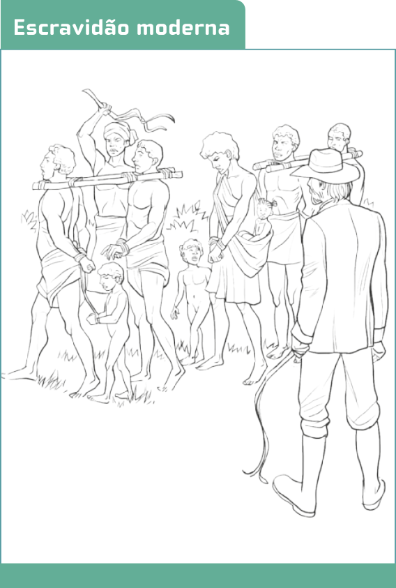 Imagem intitulada 'Escravidão Moderna'. Ela retrata um grupo de pessoas negras, homens, mulheres e crianças, enfileiradas e presas pelo pescoço a uma estrutura de madeira apoiada nos ombros. Alguns estão nus ou vestem roupas simples, com expressões que revelam cansaço e tristeza. À frente do grupo, um homem branco, de chapéu, calça dobrada e camisa, segura um chicote e permanece de costas para o observador, em posição de vigilância. Próximo ao grupo, outro homem ergue um chicote.