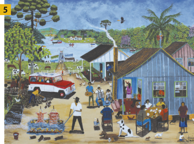 Pintura 5 que retrata uma comunidade rural em um dia movimentado. As pessoas estão envolvidas em diversas atividades, como varrer, conversar, tocar instrumentos, cozinhar e cuidar dos animais. O cenário inclui casas simples de madeira, um carro estacionado, árvores, animais espalhados pelo espaço e, ao fundo, um rio com barcos navegando.