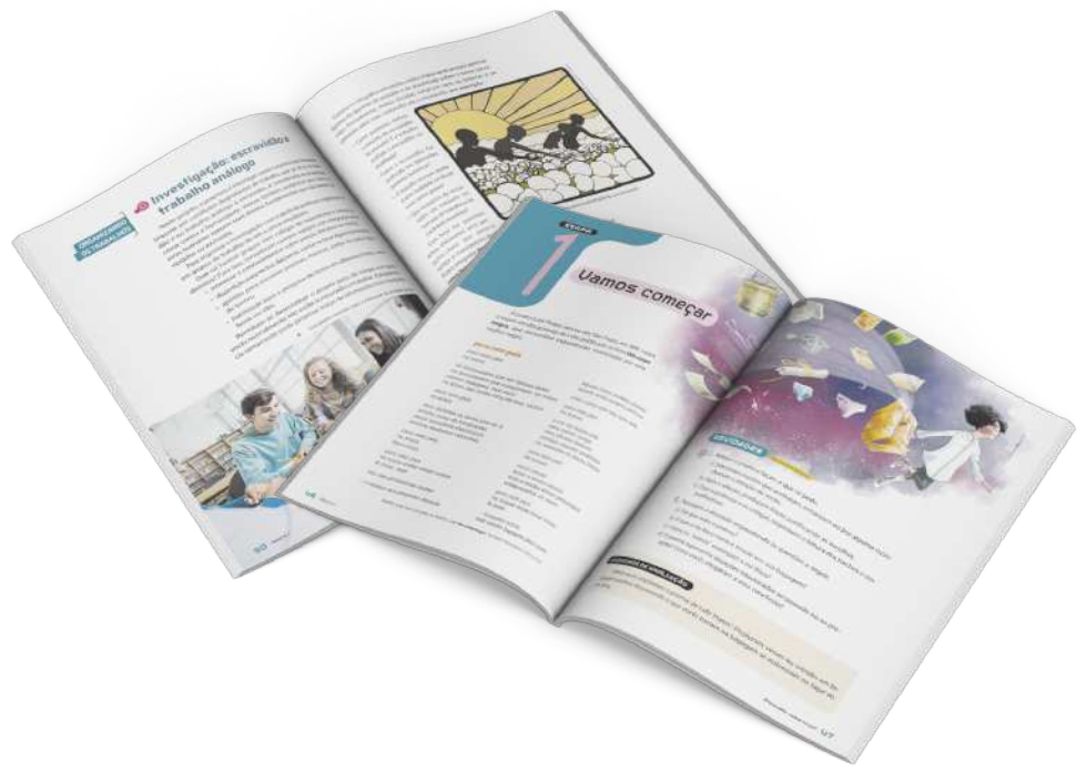 Reprodução de páginas do livro contendo a seção Organizando os trabalhos.