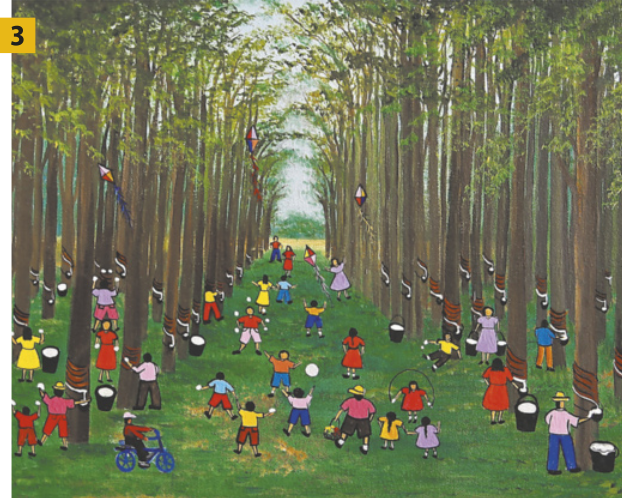 Pintura 3 com uma plantação com árvores organizadas em fileiras, sobre um chão coberto por grama. Muitas pessoas, entre crianças e adultos, caminham, brincam, interagem e observam os troncos das árvores, que possuem potes fixados para a extração de látex. Algumas pessoas participam ativamente dessa extração. Outras soltam pipas ou se divertem em grupo, criando uma atmosfera de convivência e atividade coletiva ao ar livre.