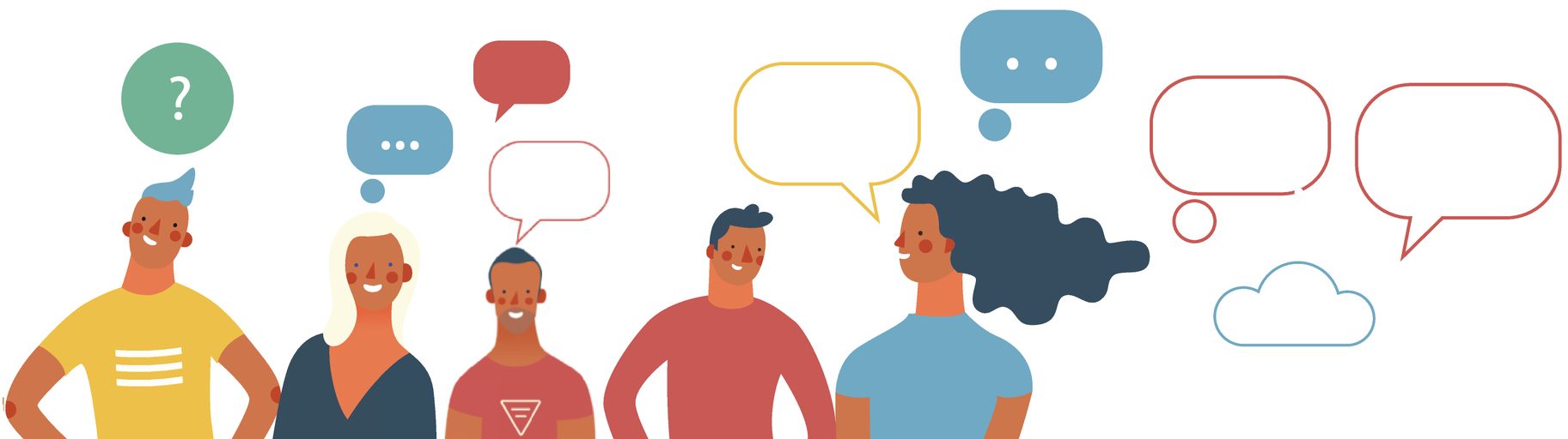 Ilustração com cinco pessoas conversando com diversos balões de fala ao redor.