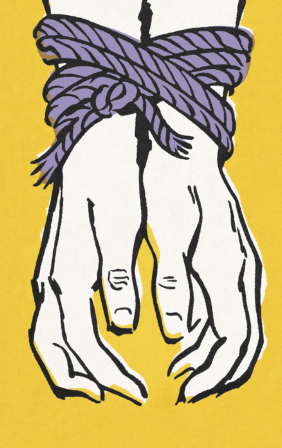 Ilustração dos braços de uma pessoa com os pulsos amarrados por cordas.