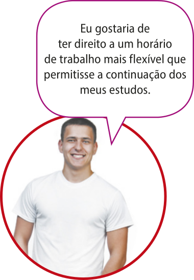 Fotografia de um homem branco acompanhado de um balão de fala com o seguinte texto: 'Eu gostaria de ter direito a um horário de trabalho mais flexível que permitisse a continuação dos meus estudos'.