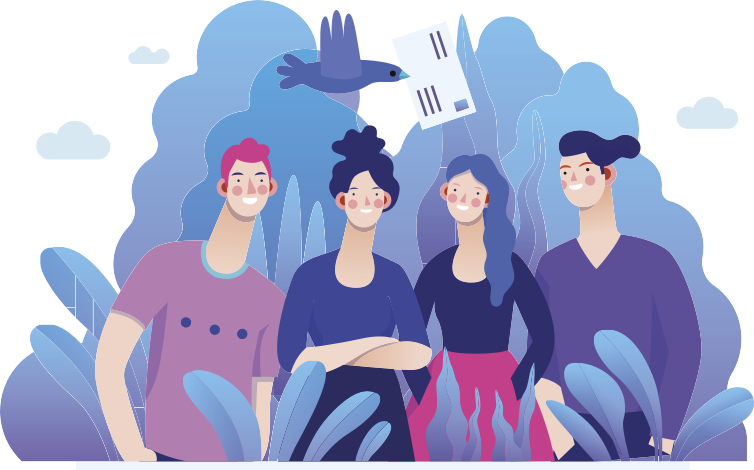 Ilustração de quatro jovens em pé, lado a lado, sorrindo. Acima deles, um pássaro voa carregando um envelope com o bico. Ao fundo, há vegetação estilizada e nuvens.
