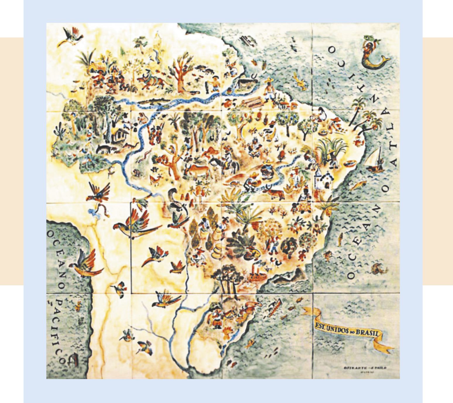 Fotografia de um mapa ilustrado do Brasil e de parte da América do Sul, pintado sobre azulejos, com representações artísticas de paisagens, animais, plantas e pessoas desempenhando atividades culturais e produtivas típicas de cada região. O mapa está orientado com o norte voltado para cima e apresenta os nomes dos oceanos Atlântico e Pacífico. Na parte inferior direita, há uma faixa com a inscrição 'Estados Unidos do Brasil'.