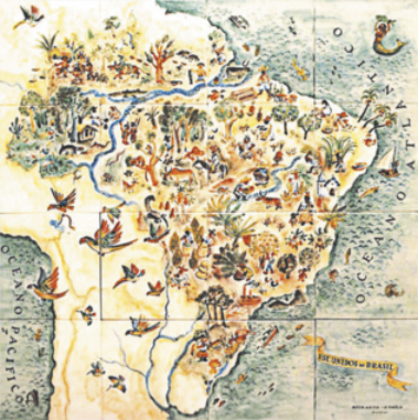Fotografia de um mapa ilustrado do Brasil e de parte da América do Sul, pintado sobre azulejos, com representações artísticas de paisagens, animais, plantas e pessoas desempenhando atividades culturais e produtivas típicas de cada região. O mapa está orientado com o norte voltado para cima e apresenta os nomes dos oceanos Atlântico e Pacífico. Na parte inferior direita, há uma faixa com a inscrição 'Estados Unidos do Brasil'.