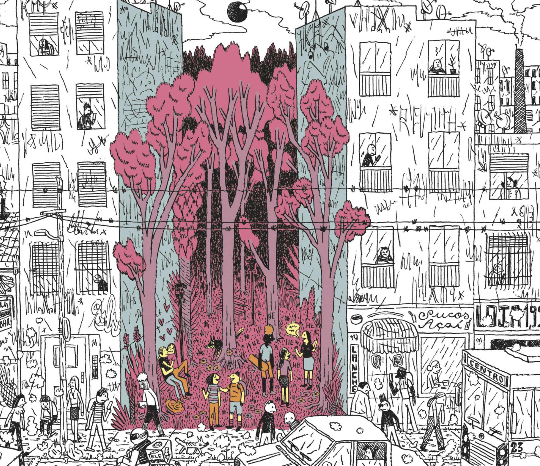 Ilustração de uma cidade com prédios altos e ruas movimentadas. No centro da imagem, entre os edifícios, há uma área com árvores e um grupo de pessoas reunidas, interagindo e tocando instrumentos musicais. Ao redor, moradores aparecem nas janelas, calçadas e telhados, realizando diversas atividades do cotidiano.