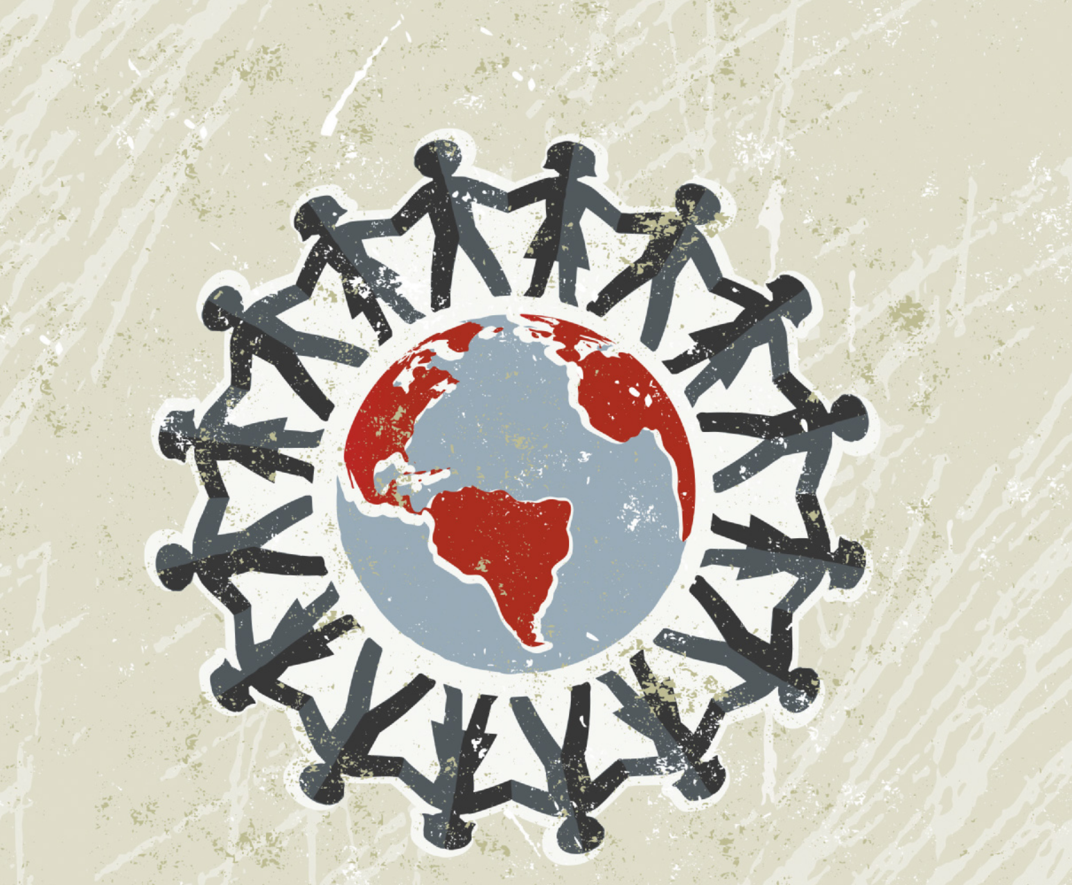 Ilustração de um globo terrestre cercado por figuras humanas de mãos dadas, formando um círculo ao redor do planeta.