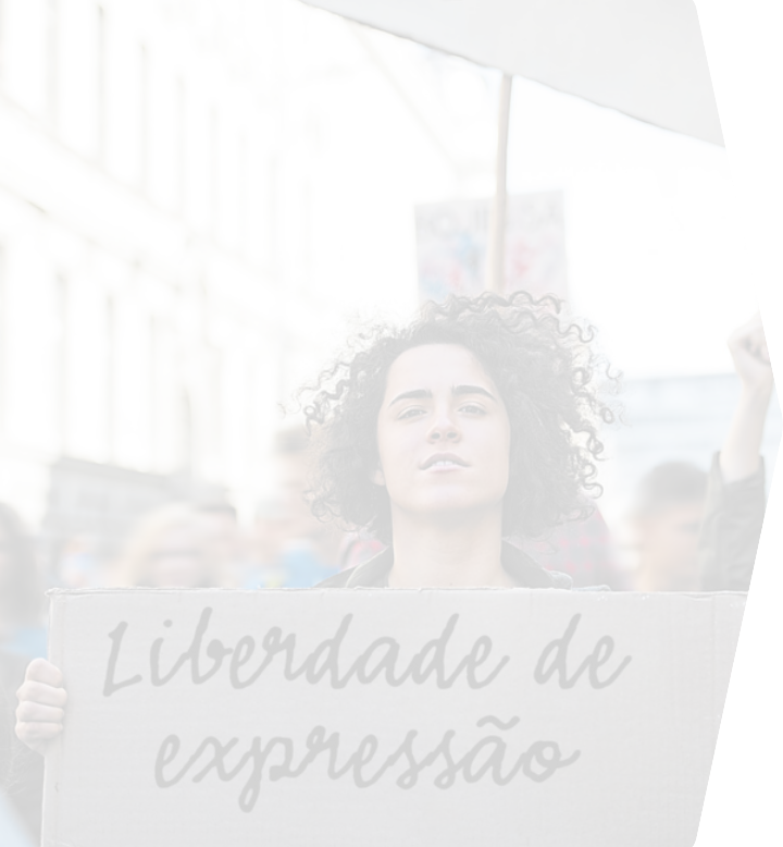 Fotografia de uma mulher participando de uma manifestação de rua, segurando um cartaz com os dizeres 'Liberdade de Expressão'.