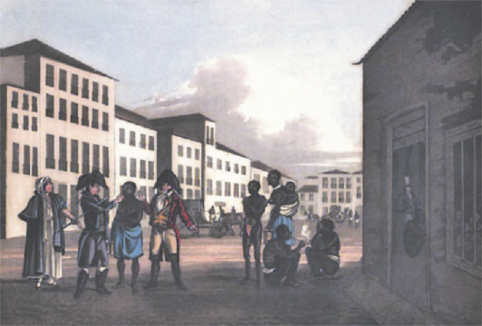 Gravura que retrata uma rua em um centro urbano no período colonial, com prédios de diferentes alturas ao fundo. Na cena, um grupo de pessoas brancas, vestidas com trajes formais e militares, segura um homem negro com o torso exposto. Próximo a eles, há um grupo de pessoas negras, algumas sentadas e outras em pé, aparentando estar em situação de submissão. À direita, uma construção com a porta aberta revela uma figura no interior observando o que acontece do lado de fora. Ao fundo, é possível ver outras pessoas e carruagens circulando pela rua.