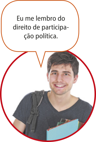 Fotografia de um jovem branco acompanhado de um balão de fala com o seguinte texto: 'Eu me lembro do direito de participação política'.