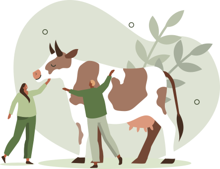 Ilustração de um homem abraçando uma vaca, enquanto uma mulher acaricia a face do animal.