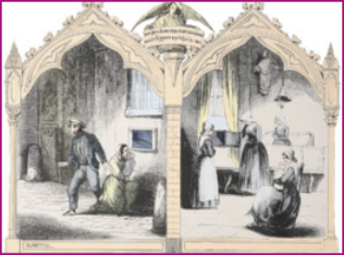 Ilustração dividida em duas cenas simétricas, emolduradas por uma estrutura arquitetônica decorativa. À esquerda, um homem está de pé ao lado de uma mulher ajoelhada que segura um bebê, diante de uma abertura na parede de uma casa. À direita, vê-se o interior da casa, onde freiras realizam atividades como costura e conversa.