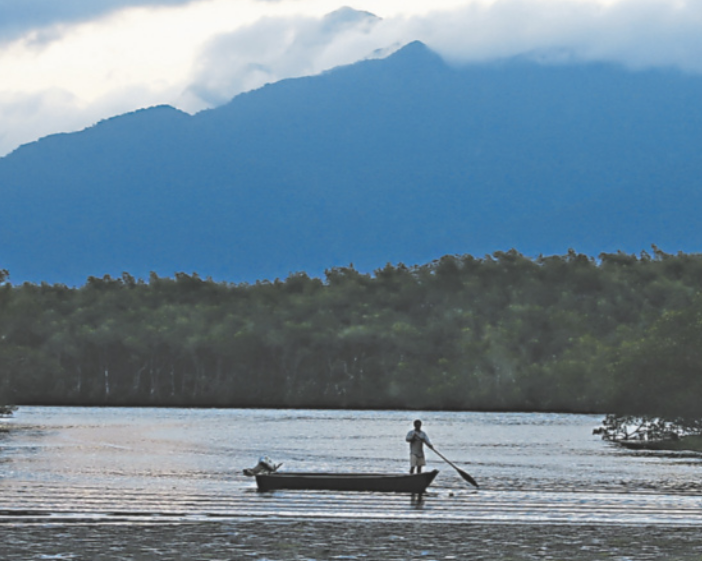 Pessoa em pé em uma canoa próxima à margem de um rio, utilizando um remo. Ao fundo, há vegetação densa e uma formação montanhosa na outra margem.
