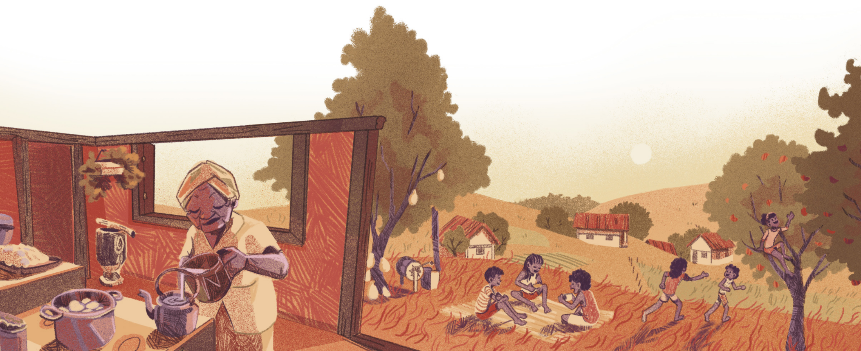Ilustração de uma cena rural com uma pessoa idosa cozinhando em uma casa parcialmente aberta, onde utensílios estão dispostos sobre a bancada. No campo ao redor, várias crianças brincam, algumas sentadas em roda e outras correndo. Ao fundo, há árvores e pequenas casas espalhadas por colinas.