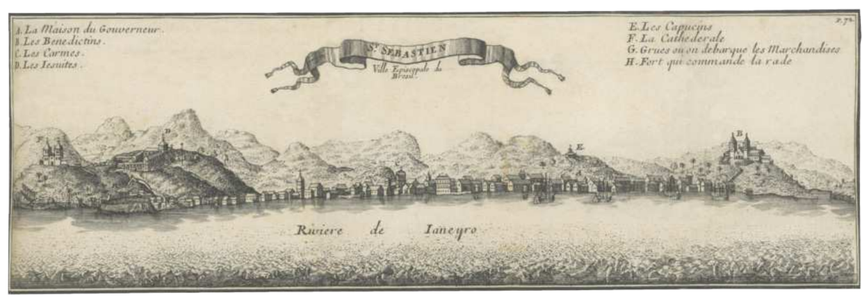 Ilustração antiga de uma cidade litorânea vista a partir do mar. No mar, aparece a inscrição 'Riviere de Ianeyro'. Ao longo da costa e entre as montanhas, observam-se construções espalhadas, com destaque para igrejas, fortalezas e casas, identificadas por letras que correspondem a uma legenda explicativa localizada nos cantos superior esquerdo e direito da imagem. Na parte superior central, há um cartucho decorativo com os dizeres 'St. Sebastien, Ville Espagnole du Bresil'.