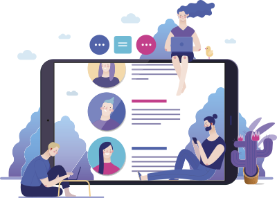 Ilustração de uma grande tela de tablet com avatares e mensagens, representando uma conversa virtual. Três pessoas estão sentadas ao redor da tela usando dispositivos eletrônicos, como notebook e celular, e uma pessoa está sentada no topo da tela com um laptop no colo.