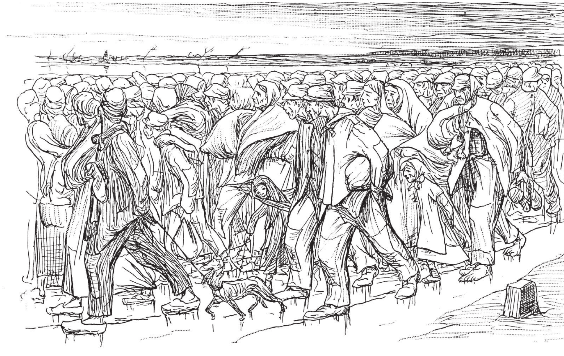 Ilustração de um grande grupo de pessoas aglomeradas, caminhando por uma ampla área aberta. Muitas carregam crianças no colo, além de sacolas e outros pertences. Algumas estão cobertas com mantas e usam lenços na cabeça.