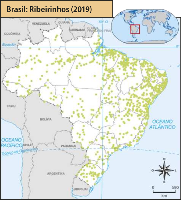 Mapa 'Brasil: Ribeirinhos (2019)'. A presença de famílias autodeclaradas ribeirinhas no território brasileiro concentra-se no litoral do Nordeste e no litoral do Pará. Nas demais regiões, essas populações se distribuem de forma relativamente homogênea ao longo dos estados da federação.