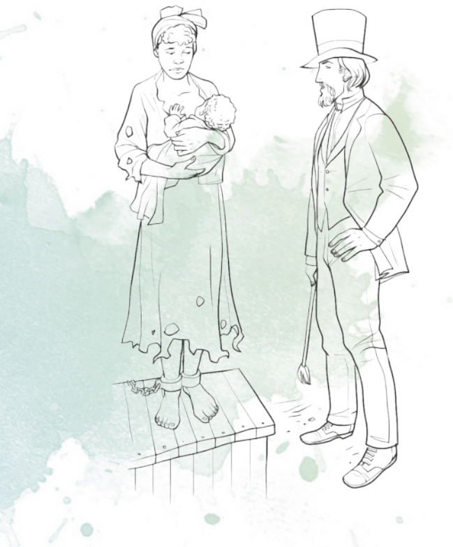 Ilustração de uma mulher negra em pé sobre um caixote de madeira, com um bebê no colo e as pernas acorrentadas. Ao lado dela, há um homem branco, vestido com trajes sociais, segurando uma chibata.