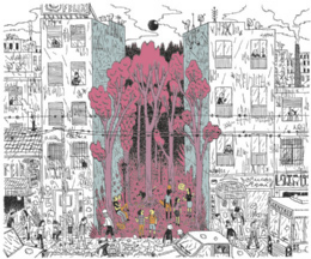 Ilustração de uma cidade com prédios altos e ruas movimentadas. No centro da imagem, entre os edifícios, há uma área com árvores e um grupo de pessoas reunidas, interagindo e tocando instrumentos musicais. Ao redor, moradores aparecem nas janelas, calçadas e telhados, realizando diversas atividades do cotidiano.